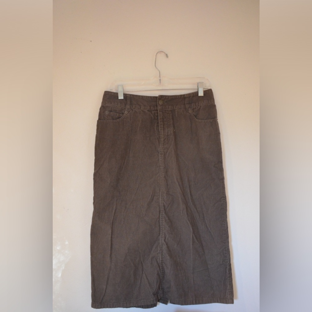 Eddie Bauer - brownish green - midi denim skirt with slit in the back